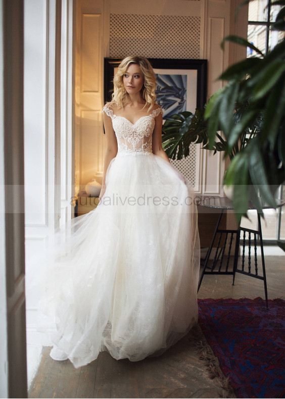 Boho Beaded Ivory Lace Tulle Sheer Pearl Buttons Back Wedding Dress